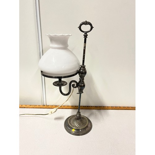 470 - Antique silver plated rise & fall student lamp converted to electric.