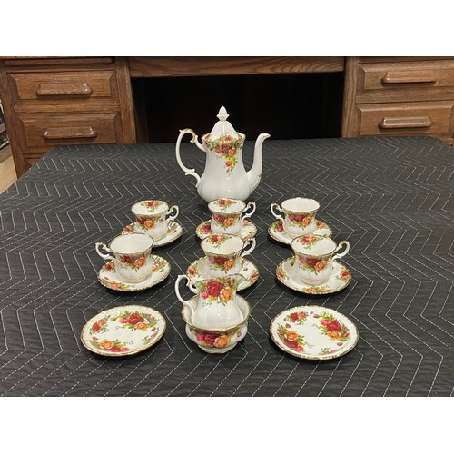 100 - 17 piece Royal Albert Old Country Rose coffee set to include teapot sugar & cream