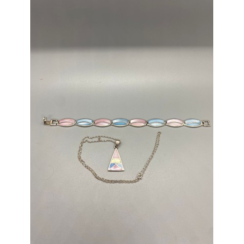 44 - silver & enamel bracelet, chain & pendant set