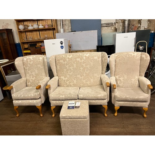 211 - hsl 4 piece wingback sofa & 2 chairs to include storage footstool