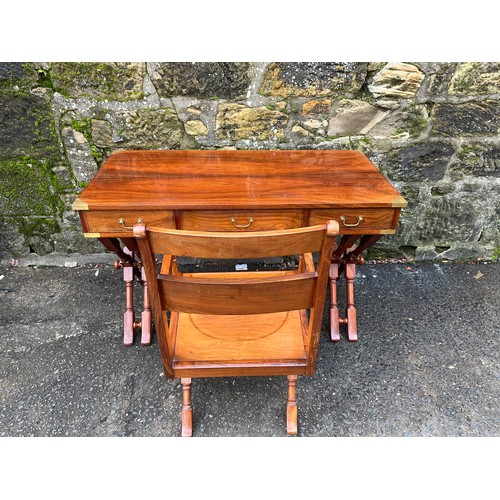 214 - A mid century rosewood highly polished inlaid campaign desk with 3 drawers to include matching chair... 