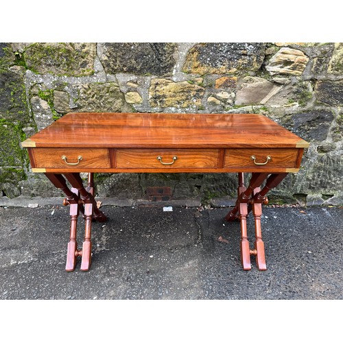 214 - A mid century rosewood highly polished inlaid campaign desk with 3 drawers to include matching chair... 