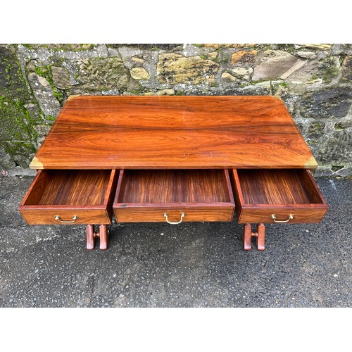 214 - A mid century rosewood highly polished inlaid campaign desk with 3 drawers to include matching chair... 