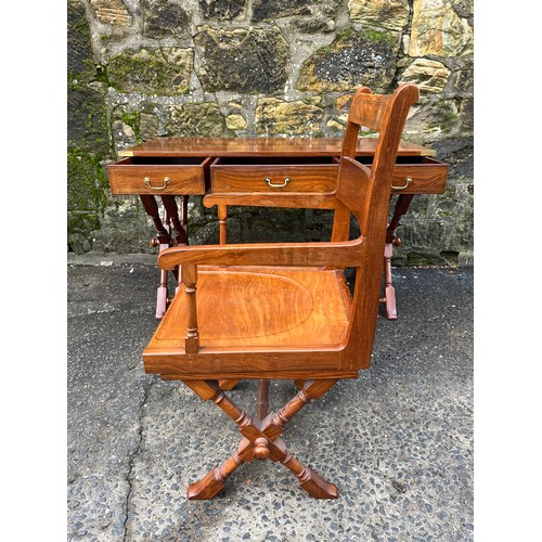 214 - A mid century rosewood highly polished inlaid campaign desk with 3 drawers to include matching chair... 