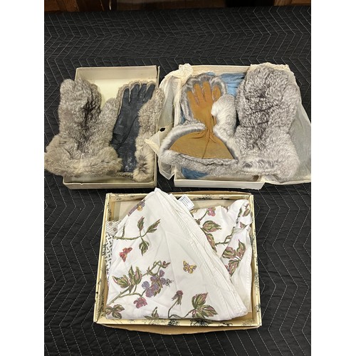 26 - laura ashley table cloth & 2 pairs of vintage leather & fur gloves