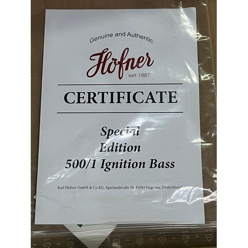 204 - New in box Hofner special edition 500/1 ignition violin bass guitar with certificate of authenticity... 