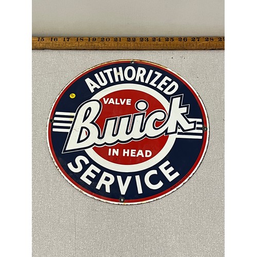 37 - Vintage Ande Rooney porcelain enameled advertising sign- Authorized Buick Service. 29cm diameter.