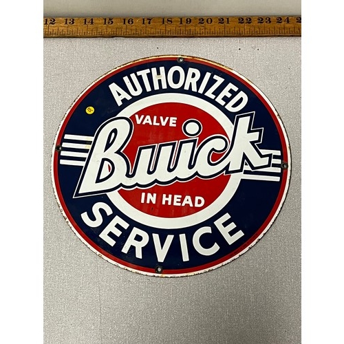 37 - Vintage Ande Rooney porcelain enameled advertising sign- Authorized Buick Service. 29cm diameter.