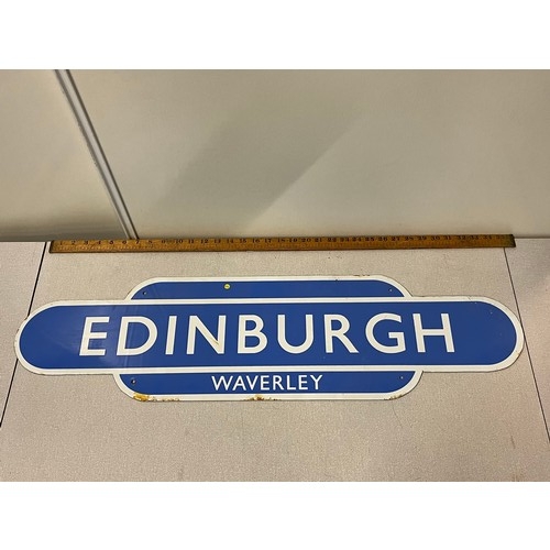 101 - Vintage porcelain and enamel Edinburgh Waverly railway sign. 92cm x 24.5cm