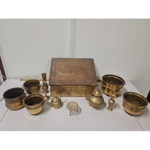 69 - Antique Burns cottage brass slipper box along with brass plant pots etc.