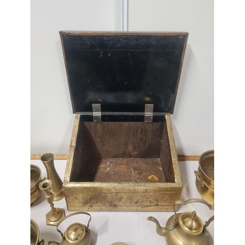 69 - Antique Burns cottage brass slipper box along with brass plant pots etc.