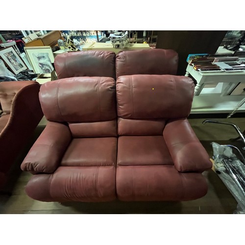 330 - 2 x two seater red brushed leather reclining sofas.