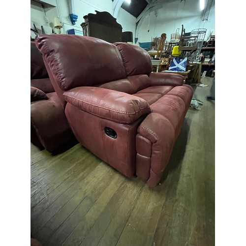 330 - 2 x two seater red brushed leather reclining sofas.