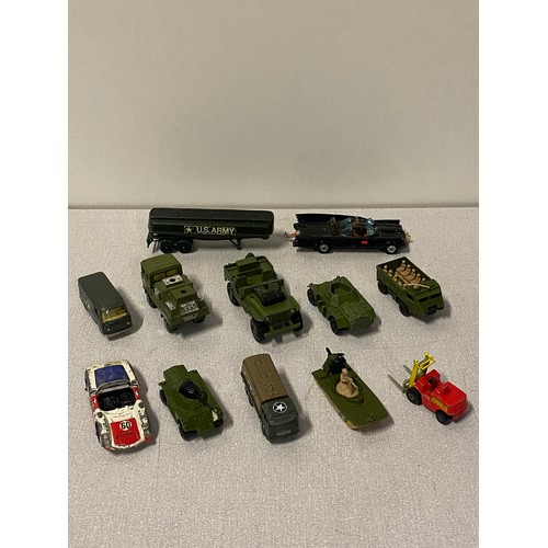 68 - Selection of military vehicles to include Corgi Batmobile with Batman and Robin figures.