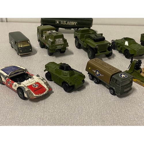 68 - Selection of military vehicles to include Corgi Batmobile with Batman and Robin figures.