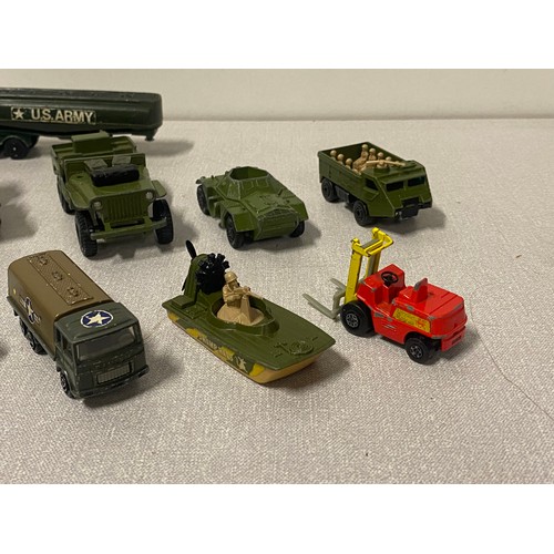 68 - Selection of military vehicles to include Corgi Batmobile with Batman and Robin figures.