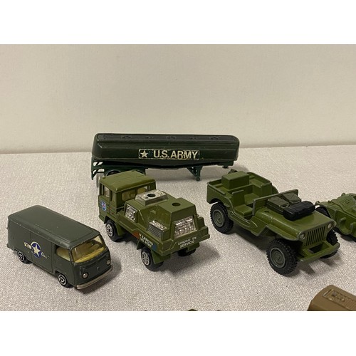 68 - Selection of military vehicles to include Corgi Batmobile with Batman and Robin figures.