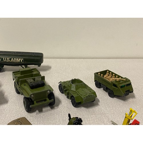 68 - Selection of military vehicles to include Corgi Batmobile with Batman and Robin figures.