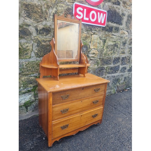 74 - Vintage oak Vanity chest with original glass patina mirror & 3 drawers