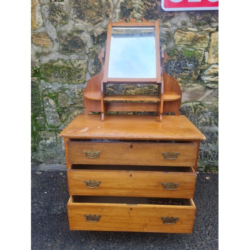 74 - Vintage oak Vanity chest with original glass patina mirror & 3 drawers