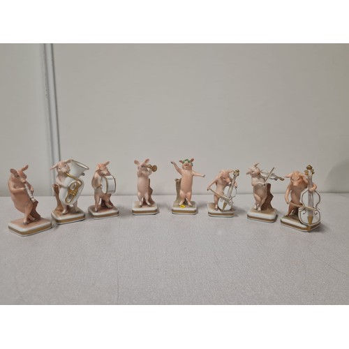 122 - 8 x Antique PMP Shierholz, Plaue porcelain pig conceert to include tuba player & drum player etc (Ba... 