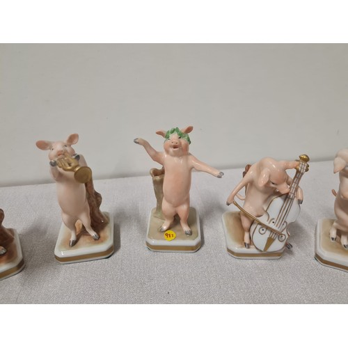 122 - 8 x Antique PMP Shierholz, Plaue porcelain pig conceert to include tuba player & drum player etc (Ba... 