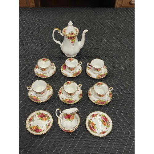 100 - 17 piece Royal Albert Old Country Rose coffee set to include teapot sugar & cream