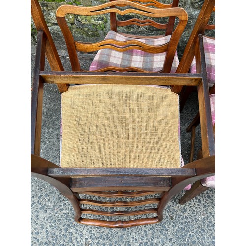 120 - 6 Georgian elm wood ladder back chairs to include 1 carver recently reupholstered.