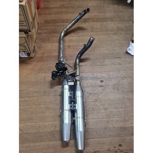 285 - Harley Davidson exhaust downpipe along with 2 silencers possibly suitable for Soft tail or Fat boy?