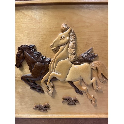 130 - 2 wooden framed carvings of Tiger & Horses 
60cm x 60cm