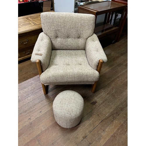 105 - Mid century Cintique teak upholstered chair & pouffe