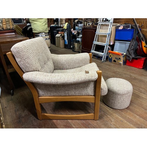 105 - Mid century Cintique teak upholstered chair & pouffe