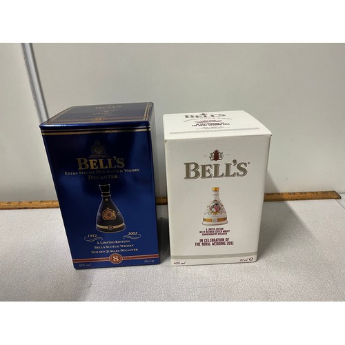 282 - 2 x Boxed new & sealed bells whisky 70cl decanters, Queen Elizabeth 50 year reign & Prince William &... 