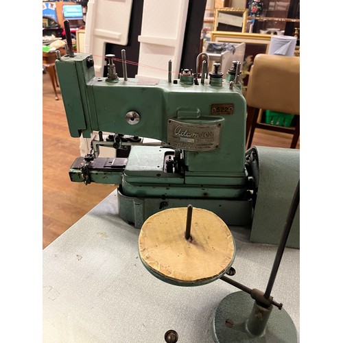 448 - 2 Industrial Adamson button sewing machines on workbench.