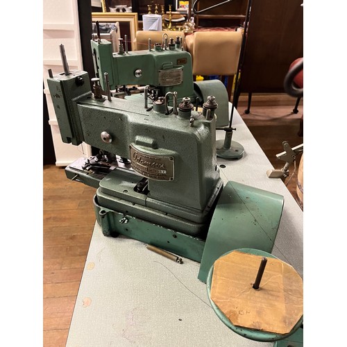 448 - 2 Industrial Adamson button sewing machines on workbench.