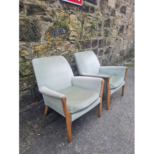 551 - 2 vintage upholstered armchairs with oak frame