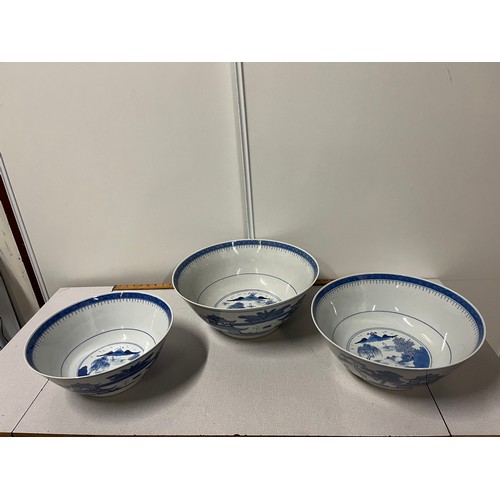 16 - 3 Large graduating Chinese blue & white bowls
Largest 40cm diameter