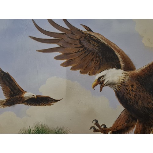 151 - Large oil painting on canvas of bald eagles signed Andrew.
109x134cm