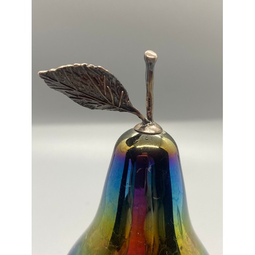 47 - John Ditchfield glass form and silver pear. Signed to base.