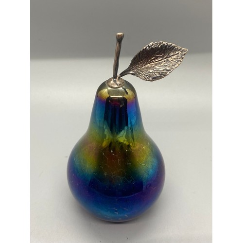 47 - John Ditchfield glass form and silver pear. Signed to base.