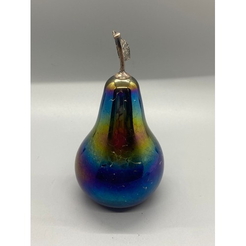 47 - John Ditchfield glass form and silver pear. Signed to base.