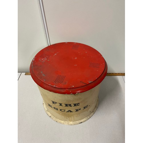 76 - 1930s emergency fire escape rope & tin.