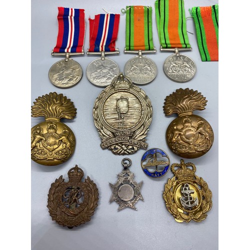 58D - Group WW1 cap badges, mine clearance service, RA X2 Royal engineers, RN silver fob medal WWII BWM X2... 