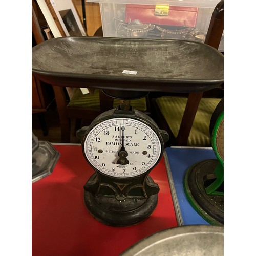 161 - Vintage Salters improved family scales plus 2 others along with silver on copper candelabra & orname... 