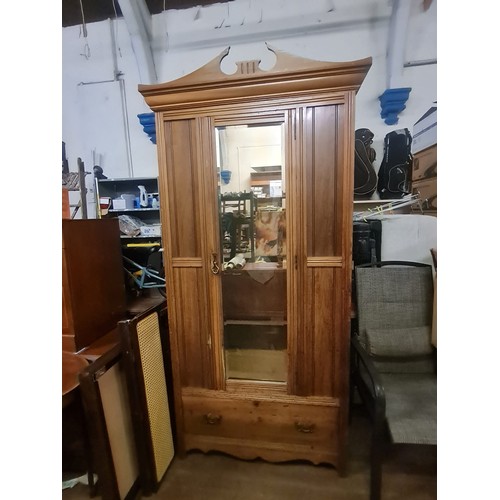 72 - Vintage oak mirrored 1 door, 1 drawer wardrobe with original brass fittings.
207cm h x 91cm w