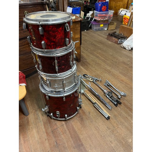 449 - Part drum set to include pearl snare, premier side drum, Trixon floor drum & side drum plus 4 stands... 