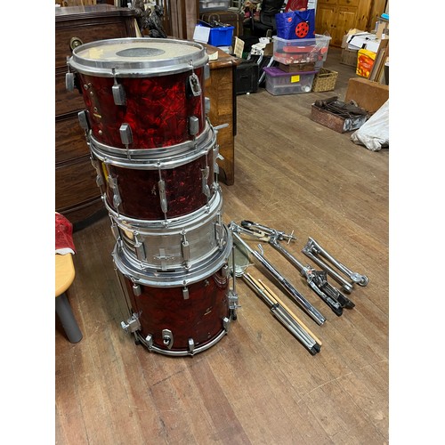 449 - Part drum set to include pearl snare, premier side drum, Trixon floor drum & side drum plus 4 stands... 