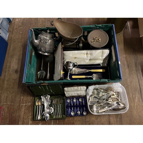 509 - Box of misc to include scales, boxed cutlery set etc.