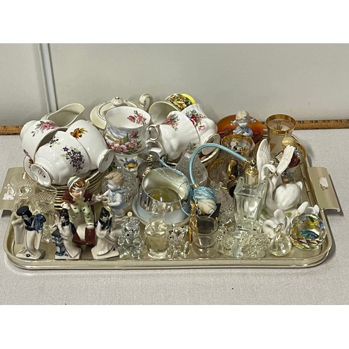 538 - Large tray of misc to include Royal Albert, crystal animals & figurines etc.