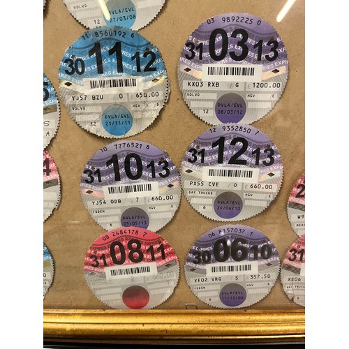 19 - Framed collection of 78 expired tax discs from 2009-2015 to include HGV